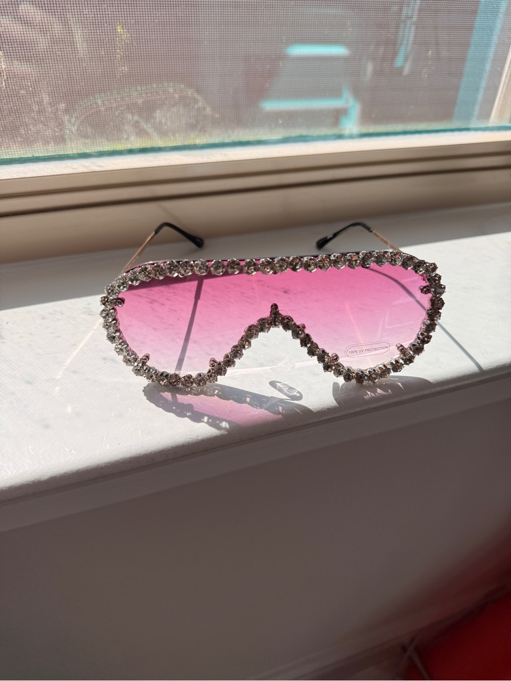Rhinestone Trim Pink Shield Sunglasses - Women Accessories